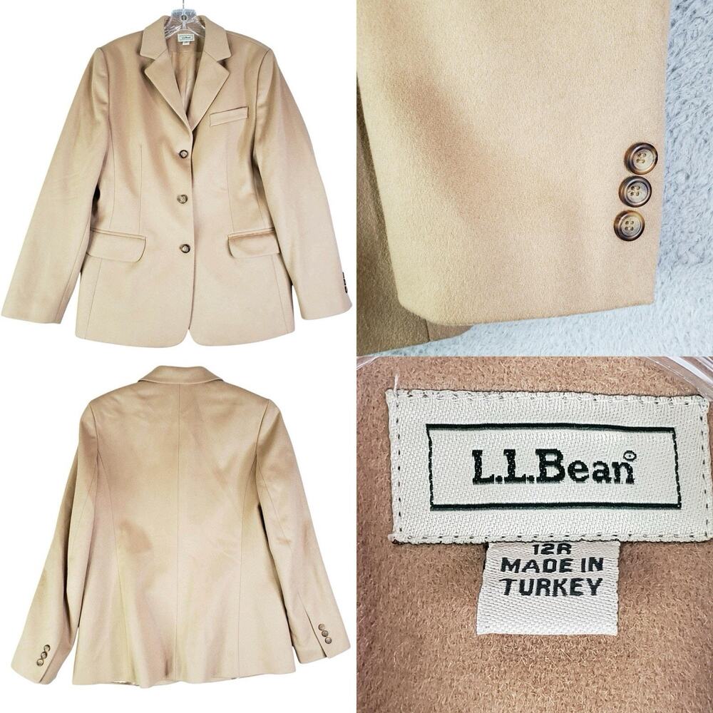 LL Bean Blazer Jacket Beige Womens Size 12 R Wool Cashmere Pocket Long Sleeve
